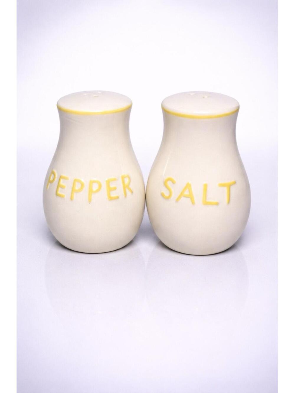 Von Pok & Chang 1980s White & Yellow Ceramic Salt & Pepper Shaker Set, 2.5x3.25”